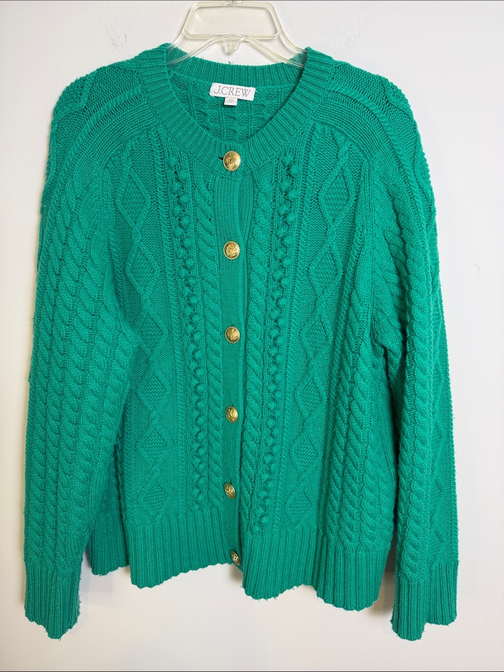 J. CREW Wool Blend Cable-Knit Cardigan Gold Buttons, Kelly Green | Sz XXL
